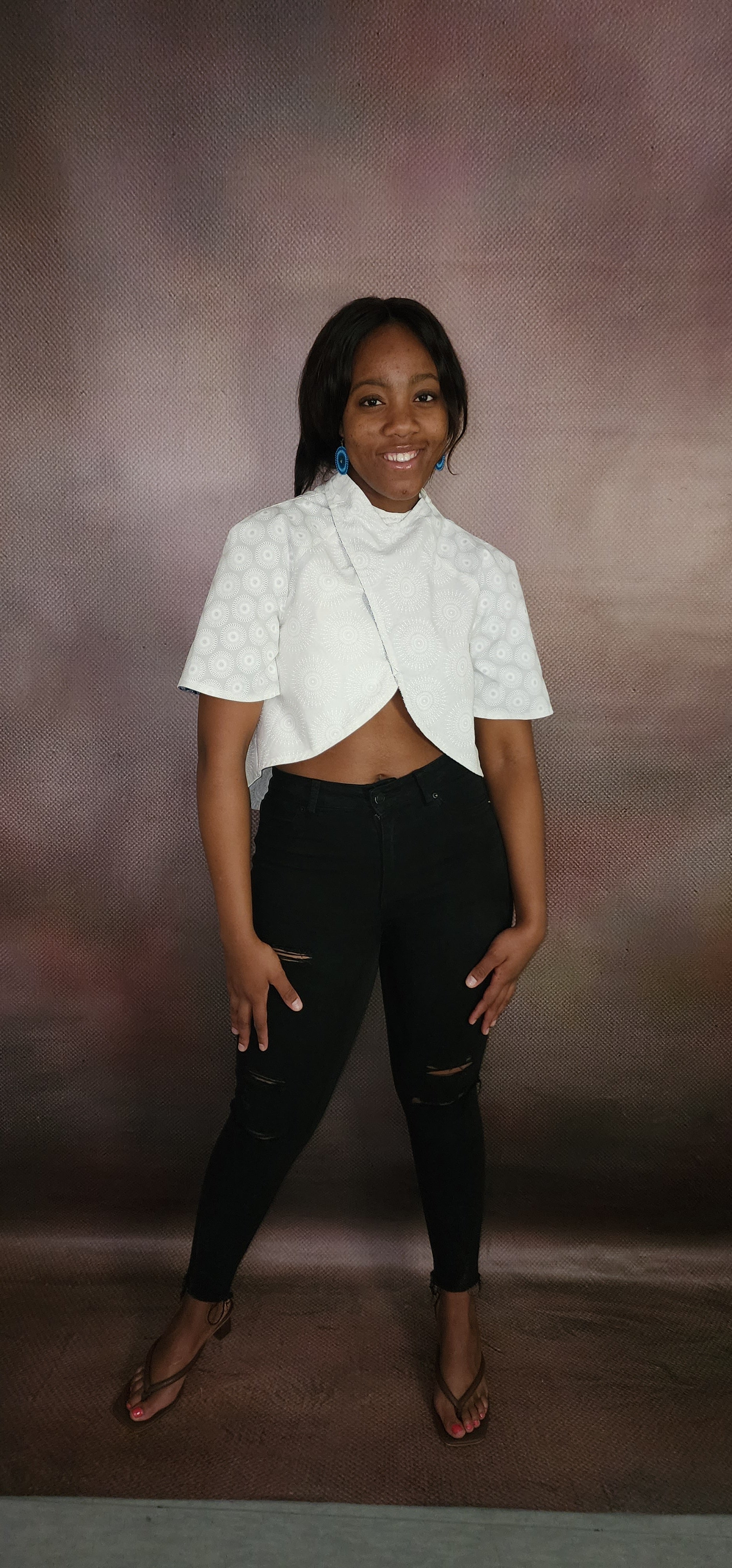 Shweshwe Feminie White crop top reversible set