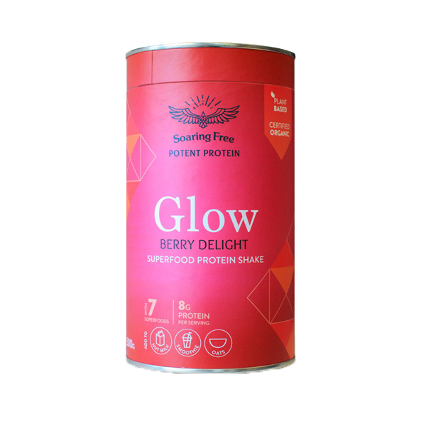 Hochfliegender kostenloser Superfoods Protein Shake Glow – Berry Delight